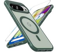Hensinple Magnétique Coque pour Google Pixel 10/Pixe 10 Pro avec Verre Trempé,Compatible avec Magsafe,Étui Translucide Mat Antichoc Anti Rayures Mince Coque pour Pixel 10/10 Pro(Vert)