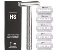 Henson Shaving Rasoir de sécurité double tranchant en aluminium avec 5 lames de rechange - Précision coudée à 30° avec une rigidité de lame supérieure - Rasoirs à lame unique réutilisables pour homme