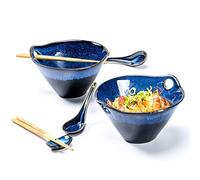 Henten Home Bols Ramen, Porcelaine Bols à Soupe de 2 × 900ml avec Cuillère et Baguettes, Bol Japonais pour Soupe, Udon, Salade, Céréales, Convient Micro-onde et Lave-vaisselle - Set de 8 Pièces