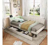 Henunem Canapé Lit 140x200 cm avec éclairage LED et Ports USB, Cadre de Lit 140 x 200 avec Deux Grands tiroirs, Lit Banquette 140x200, Tête de Lit à Dossier Rembourré,Velours,Beige