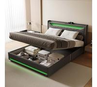 Henunem Lit capitonné, 140 x 200 cm, lit double avec espace de rangement et sommier à lattes, tête de lit LED, fonction de charge USB, lit de rangement, lits fonctionnels, dossier, cadre de lit, en