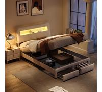 Henunem Lit Coffre 140×200 avec LED et Ports USB,Tête de lit Capitonné avec Étagères Ouvertes et Rangement Caché, Lits 2 Personnes avec Hydraulique, Sommier à Lattes, Velours,Beige
