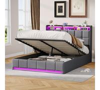 Henunem Lit Coffre 140 x 200 à LED, Lit Hydraulique avec Étagères Ouvertes et Rangement Caché en Tête de Lit Capitonné, lit 2 Personnes avec Lattes en Bois, Lits 160 x 200 avec Sommier en Lin Gris