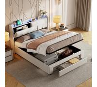 Henunem Lit Coffre 140 x 200 cm, Bed Double Rembourré avec éclairage LED et Charge USB, Cadre de lit avec Tiroirs et Espace de Rangement, Tête de lit escamotable, pour Adultes et Adolescents,Velours