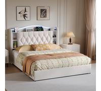 Henunem Lit Coffre 160x190 cm avec Éclairage LED et Prise USB, lit Double Hydraulique avec Compartiment de Rangement Ouvert, Cadre de lit 2 Personnes avec Sommier à Lattes,Velours,Beige