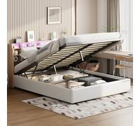 Henunem Lit Coffre 160x200 avec Éclairage LED,Tête de lit Capitonné avec Étagères Ouvertes et Rangement Caché, Lits 2 Personnes avec Hydraulique, Sommier à Lattes, PU Matériel,Blanc