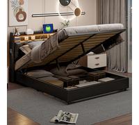 Henunem Lit Coffre 160x200, lit Double avec Hydraulique Rangement,Bed 160 x 200 cm avec Sommier LED et USB, lit Capitonné Cadre de Lits avec à Lattes,PU sans Matelas