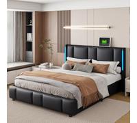 Henunem Lit Coffre 160x200, Lit Double avec Rangement, lit 160 x 200 cm avec Sommier LED et USB, Lits Rembourré Cadre de Lits avec à Lattes,PU sans Matelas