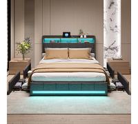 Henunem Lit Double 140x200 avec Sommier LED et USB, Lit Capitonné avec 4 Tiroirs,en Métal,Multiprise,Tête de lit Rembourrée Ajustable,Pas Besoin de Sommie,Lin (Gris -101, 140x200cm)