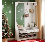 Henunem Porte-Manteau D'entrée,Ensemble Vestiaire avec Étagère à Chaussures à 2 Niveaux,Miroir,Crochets, Portant à Vêtements Polyvalent avec 2 Tiroirs de Rangement,pour entrée,180x104x35cm