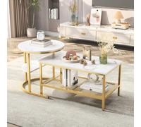 Henunem Tables Basses Gigognes Lot de 2, Table Gigogne Design Marbre, Cadre en Métal Doré, Table d'Appoint Rondes, Tables Basse Salon Rectangulaire, pour Canapé, Salon, Chambre (Doré-001)