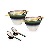 HENXFEN LEAD Ensemble de bols à ramen en porcelaine, 2 Pcs 600ml Bol Ramen Céramique Japonaise avec Baguettes & Cuillère pour Soupe, Salade, Pâtes, Céréales, et Nouilles - Verte
