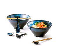 HENXFEN LEAD Ensemble de bols à ramen japonais en céramique, 2L Grands bols à soupe Ramen Bowl Set avec 2X bol, baguettes, cuillère en céramique, repose-baguettes, Bleu