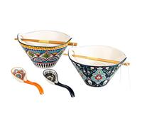 HENXFEN LEAD Lot de 2 bols à ramen japonais en porcelaine, 780 ml, bol à soupe coloré avec baguettes et cuillère - Style bohème