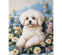 Henypt 11CT Canevas Point de Croix Kit Complet,Bichon frisé et pot de fleurs,Kit Broderie Point de Croix Compté Pré Imprimé Débutant Adulte,30x40cm