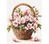 Henypt 11CT Canevas Point de Croix Kit Complet,panier de fleurs de magnolia | Kit Broderie Point de Croix Compté Pré Imprimé Débutant Adulte,40x50cm
