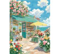 Henypt 14CT Kit Broderie Point De Croix Compté Paysage De Boutique De Fleurs En Bord De Mer Diy Broderie À La Main Compté Adultes Pré-Imprimé Cross Stitch Debutant Starter 80x100cm