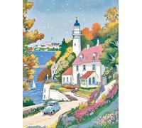 Henypt 14CT Point De Croix Kit Complet Debutant Village De Pêcheurs En Bord De Mer De Dessin Animé Diy Broderie À La Main Compté Adultes Pré-Imprimé Cross Stitch Debutant Starter 80x100cm
