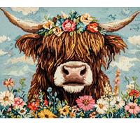 Henypt Canevas Broderie Point de Croix Kit Complet Adulte,Animaux,vaches des Highlands et fleurs,Kit Broderie Debutant pour Loisirs Créatifs Activité Manuelle,30x40cm 11CT Cross Stitch