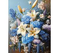 Henypt Canevas Broderie Point De Croix Kit Complet Adulte Debutant, Bouquet De Fleurs Bleues Et Blanches Kit Broderie Point De Croix Compté Imprimé Enfant Débutant Adulte Anglaise, Easy Set Loisirs
