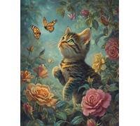 Henypt Canevas Broderie Point De Croix Kit Complet Adulte Debutant Compté Pré Imprimé Estampillé Moderne Débutant Avec Fils, Chaton Poursuivant Des Papillons 11Ct Cross Stitch Loisirs Créatifs Set