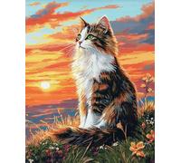 Henypt Canevas Broderie Point De Croix Kit Complet Adulte Debutant Compté Pré Imprimé Estampillé Moderne Débutant Avec Fils, Un Chat Assis Au Coucher Du Soleil 40X50Cm 11Ct Cross Stitch Loisirs Cré