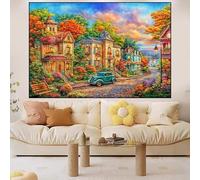 Henypt Canevas Broderie Point De Croix Kit Complet Adulte Debutant Compté Pré Imprimé Estampillé Moderne Débutant Avec Fils, Paysage De Petite Ville 40 X 50 Cm 11Ct Cross Stitch Loisirs Créatifs Se