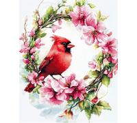 Henypt Canevas Broderie Point De Croix Kit Complet Adulte Debutant Compté Pré Imprimé Estampillé Moderne Débutant Avec Fils, Oiseau Rouge Sur Une Couronne De Fleurs 40 X 50 Cm 11Ct Cross Stitch Loi