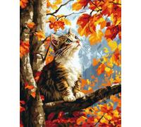 Henypt Canevas Broderie Point De Croix Kit Complet Adulte Debutant Compté Pré Imprimé Estampillé Moderne Débutant Avec Fils, Un Chat Dans Une Forêt D'Érables 40 X 50 Cm 11Ct Cross Stitch Loisirs Cr