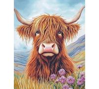 Henypt Canevas Broderie Point De Croix Kit Complet Adulte Debutant Compté Pré Imprimé Estampillé Moderne Débutant Avec Fils, Vaches Des Highlands Dans Une Mer De Fleurs 40 X 50 Cm Point De Broderie