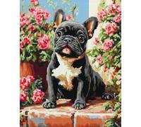 Henypt Canevas Broderie Point De Croix Kit Complet Adulte Debutant Compté Pré Imprimé Estampillé Moderne Débutant Avec Fils, Bouledogue Français Dans Un Petit Jardin De 40 X 50 Cm 11Ct Cross Stitch