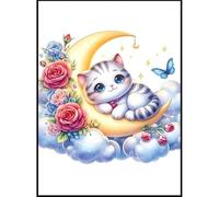 Henypt Canevas Broderie Point De Croix Kit Complet Adulte Debutant, Le Chaton Et La Rose Sur La Lune Kit Broderie Point De Croix Compté Imprimé Débutant Adulte Anglaise, Easy Set Loisirs Créatifs