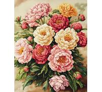 Henypt Canevas Broderie Point De Croix Kit Complet Adulte Debutant, Pivoines En Fleurs 40 X 50 Cm Kit Broderie Point De Croix Compté Imprimé Débutant Adulte Anglaise, Easy Set Loisirs Créatifs Adu