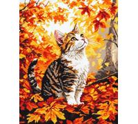Henypt Canevas Broderie Point De Croix Kit Complet Adulte Debutant, Un Chat Dans Une Forêt D'Érables 40 X 50 Cm Kit Broderie Point De Croix Compté Imprimé Débutant Adulte Anglaise, Easy Set Loisir