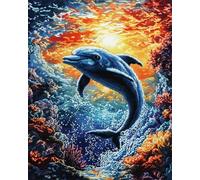 Henypt Canevas Broderie Point de Croix Kit Complet,Dauphin,30x40cm 11CT Kit Broderie Point de Croix Pré Easy Set Loisirs CréAtifs Broderie