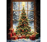 Henypt Canevas Broderie Point de Croix Kit Complet,Sapin de Noël et cadeaux devant la fenêtre,Kit Broderie Point de Croix Compté Imprimé,Easy Set Loisirs CréAtifs Adulte Broderie,40x50cm