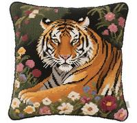 Henypt Coussin À Point Compté Tigres，Animaux Et Fleurs Cross Stitch Cushion Set Kit Coussin Au Point De Croix Sans Noyau D'Oreiller Pour Débutants Et Adulte 11CT 45x45cm