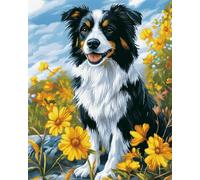 Henypt Kit Broderie Point De Croix Fleurs Imprimé Tissu De Grille, Chien Border Collie Mignon Et Fleurs Jaunes 40X50Cm Point De Croix Kit De Broderie 11Ct Diy Œuvres D'Art Faites À La Main Pour Adu