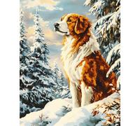 Henypt Kit Broderie Point De Croix Fleurs Imprimé Tissu De Grille, Chien Dans Un Paysage Enneigé 40 X 50 Cm Point De Croix Kit De Broderie 11Ct Diy Œuvres D'Art Faites À La Main Pour Adultes Débuta