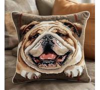 Henypt Kit Coussin Au Point De Croix Bouledogue Modèle 11Ct Cross Stitch Cushion Kit Coussin Point De Croix Complet Toile Pré-Imprimée Cross Stitch Pillow Sans Noyau D'Oreiller Pour Débutants Et Ad