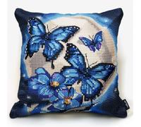 Henypt Kit Coussin Au Point De Croix Papillons Bleus Lune Modèle 11Ct Cross Stitch Cushion Kit Coussin Point De Croix Complet Toile Pré-Imprimée Cross Stitch Pillow Sans Noyau D'Oreiller Pour Début