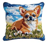Henypt Kit Coussin Au Point De Croix Prairies De Chihuahua Modèle 11Ct Cross Stitch Cushion Kit Coussin Point De Croix Complet Toile Pré-Imprimée Cross Stitch Pillow Sans Noyau D'Oreiller Pour Débu