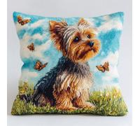 Henypt Kit Coussin Au Point De Croix Yorkshire Terrier Sur L'Herbe, Papillons Volants Modèle 11Ct Cross Stitch Cushion Kit Coussin Point De Croix Complet Toile Pré-Imprimée Cross Stitch Pillow Sans
