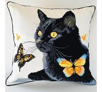 Henypt Kit Coussin Point de Croix Chat Coussin à Broder Artisanal 45X45cm Coussin Brodé avec Fil et Aiguille à Broder Décoration Point de Croix Complet Broderie Pré-imprimé DIY pour Adulte la Chambre