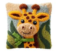 Henypt Kit Crochet de Verrouillage 43x43cm,Girafe avec un ruban vert Kit Tapis Point Noué à Faire pour Débutants, Adultes ou Enfants,Latch Hook Canevas Coussin Point
