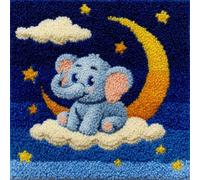 Henypt Kit Crochet de Verrouillage Éléphant animal et lune Set de Crochetage de Coussin 43X43cm DIY Broderie Décoration Coussin avec Fermeture Eclair,Kit de Démarrage Crochet