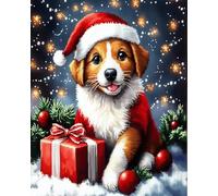 Henypt Kit de Broderie au Point de Croix,bonnet de Père Noël animal chien,Kits de Point de Croix Estampillés Complète de Démarrage de Broderie pour Débutants DIY 11CT,30x40cm