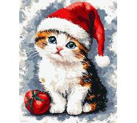 Henypt Kit de Broderie au Point de Croix,Chat portant un bonnet de Père Noël,Kits de Point de Croix Estampillés Complète de Démarrage de Broderie pour Débutants DIY 11CT,30x40cm