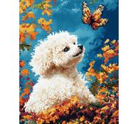 Henypt Kit De Broderie De Perles 9Ct Diy Bichon Frisé Et Un Papillon- 40X50Cm Point De Croix Avec Perles - Motif Floral - Kit Complet Débutant & Adulte