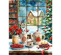 Henypt Kit De Broderie Perlée Vue De Noël Depuis La Fenêtre 30X40Cm- Point De Croix Avec Perles - Kit Diy Artisanal - Loisirs Créatifs Pour Adultes